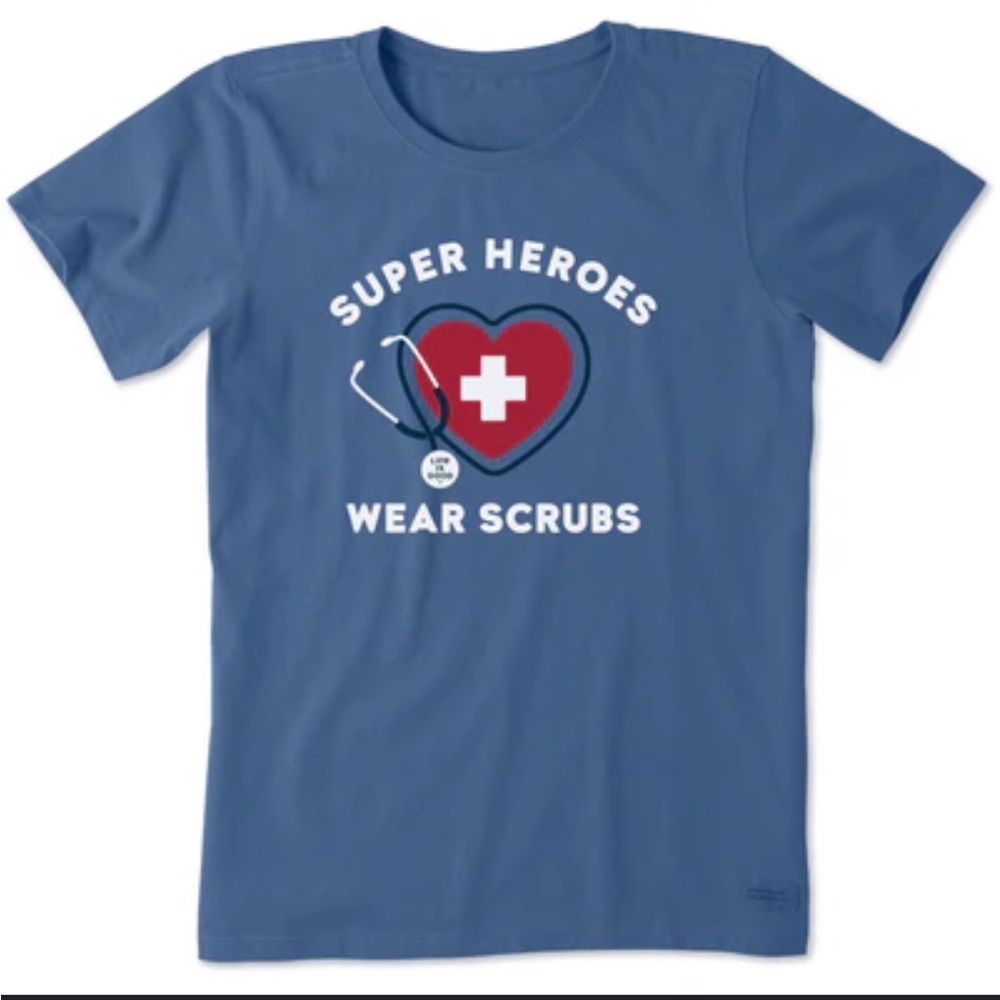 Life is Good Women's Super Heroes Wear Scrubs Short Sleeve Crusher Tee Blue M